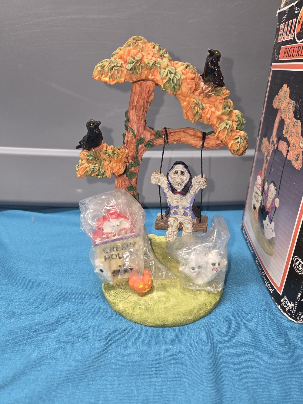 Vintage Hand Crafted Hand Painted Halloween Figurines Swinging Skeleton With Box